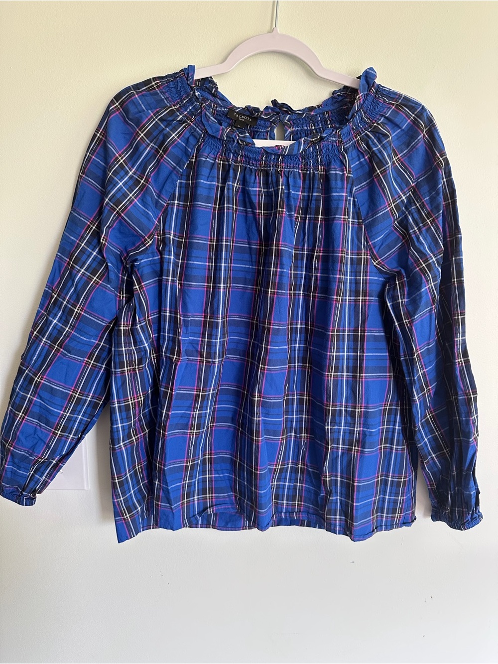Talbots Blue Plaid Shiny Peasant Blouse Country